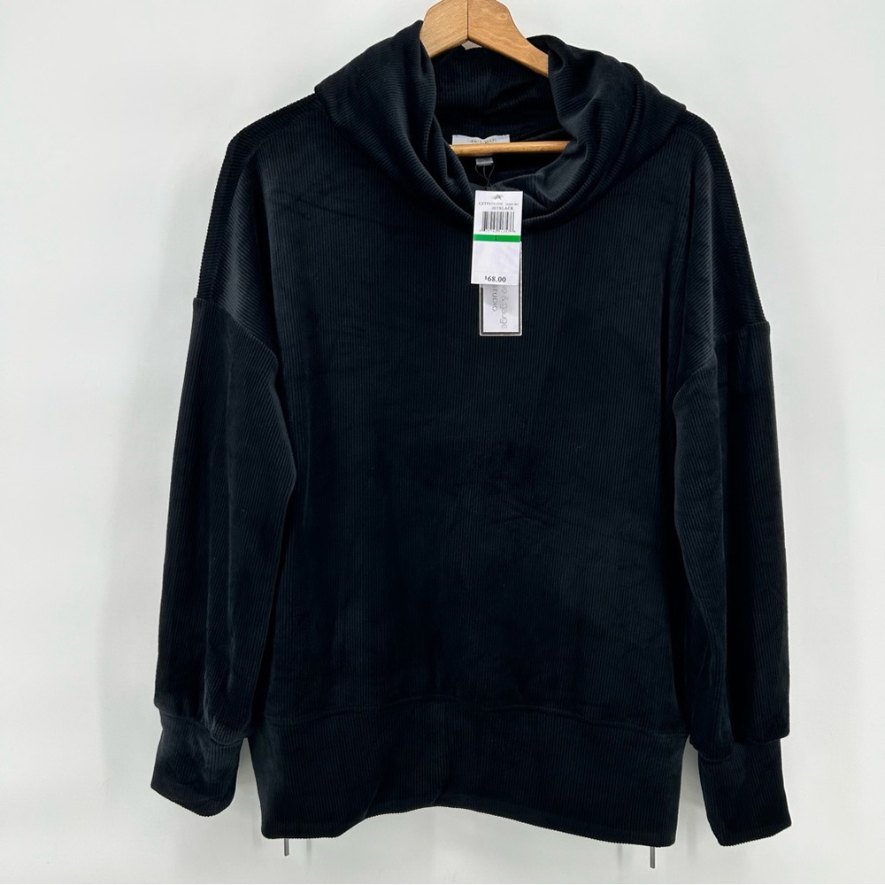 Cable & Gauge Studio Sweater Womens L Black Velour Ribbed NWT Side Zip Cowl Neck